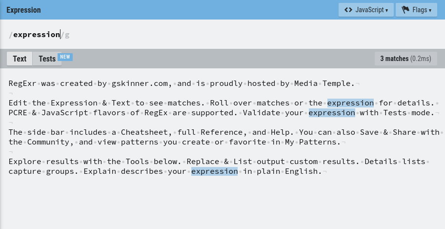Regexr.com'un görüntüsü